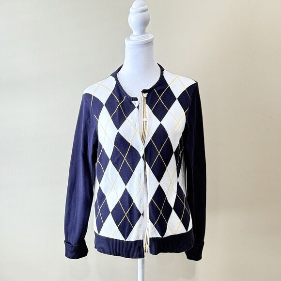 Lands' End Sweaters - Lands End Sweater Women’s Sm 6-8 Blue White Argyle Cardigan 100% Supima Cotton